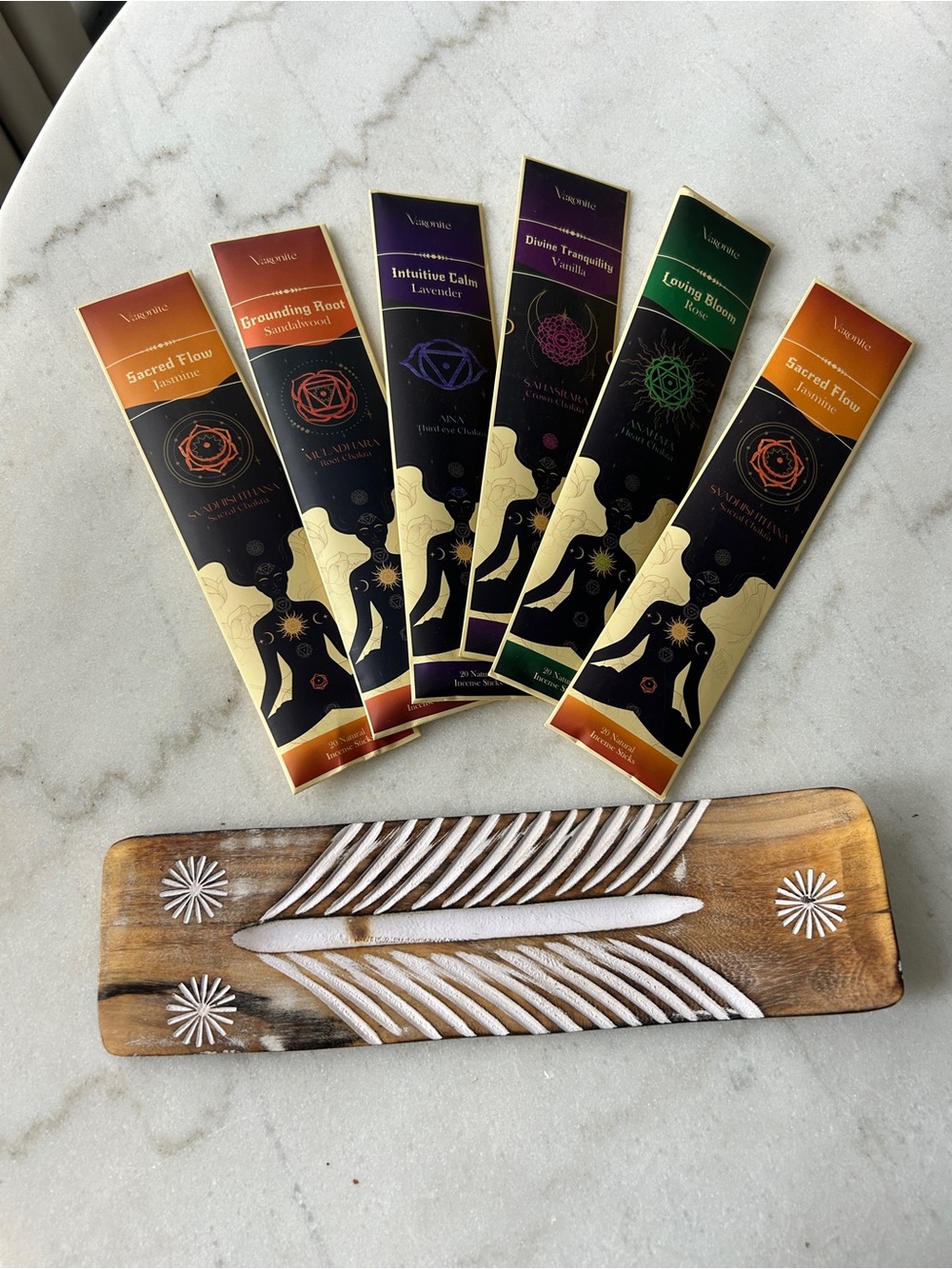 Assorted Incense Sticks with Carved Wooden Holder - Multi-Color - Picture 2 of 2